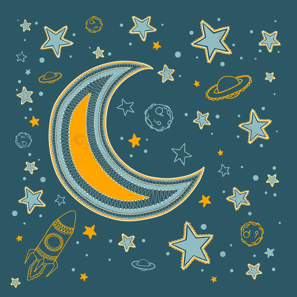 手绘月亮与星星行星装饰图案