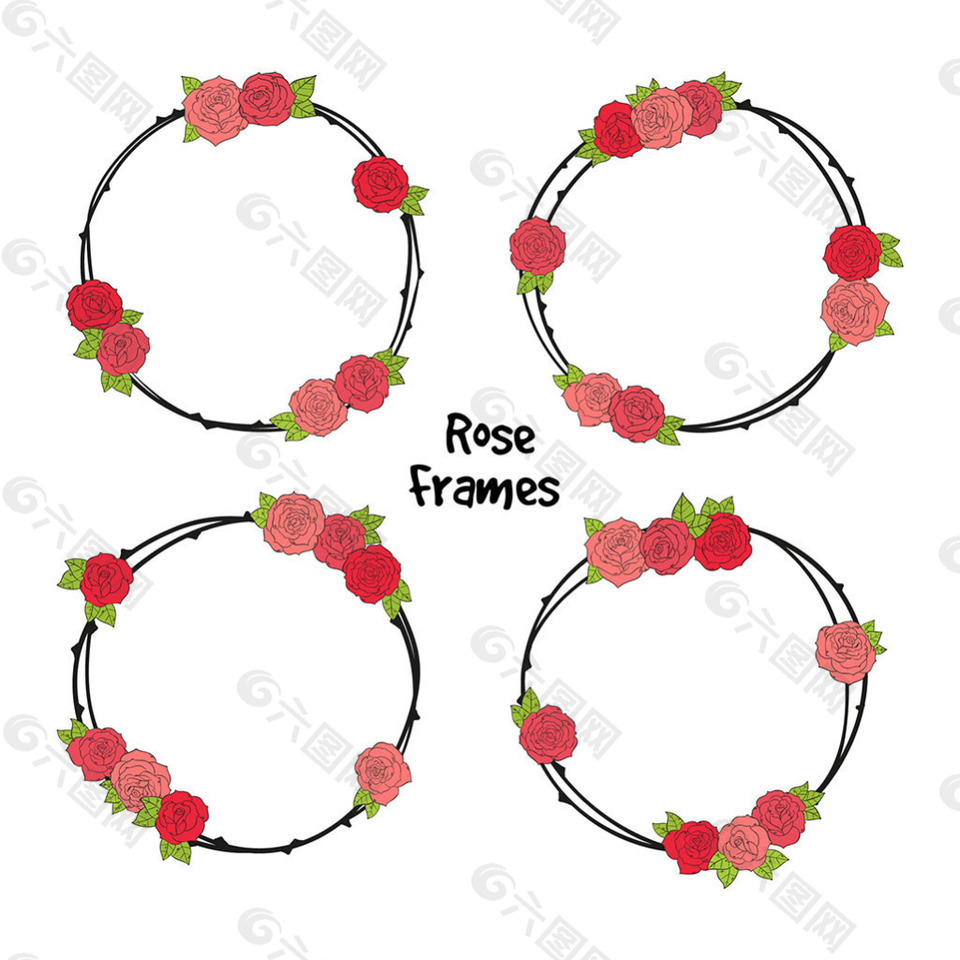 手绘玫瑰装饰的四个圆形框架