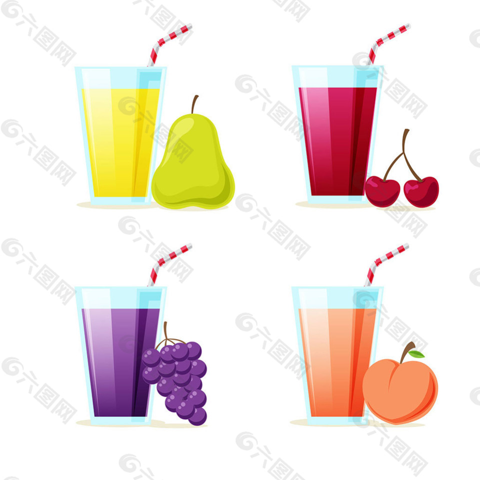 四种玻璃杯装的不同种类果汁