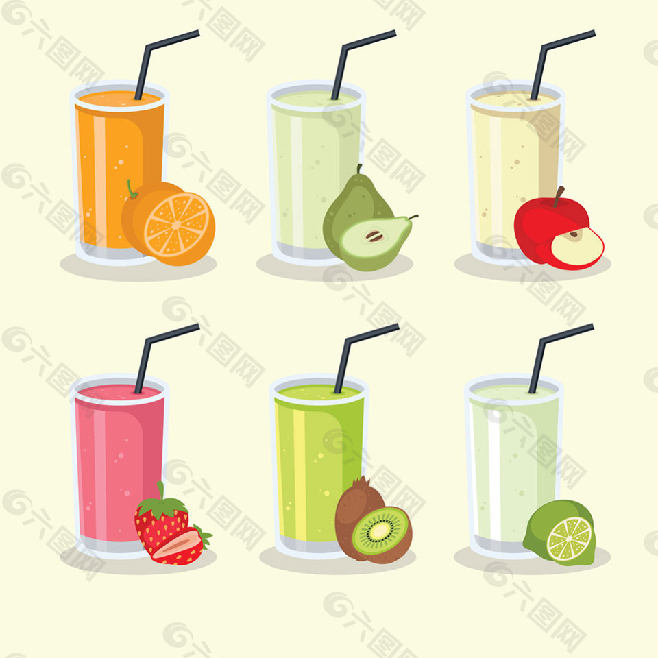 六种玻璃杯装的不同种类果汁