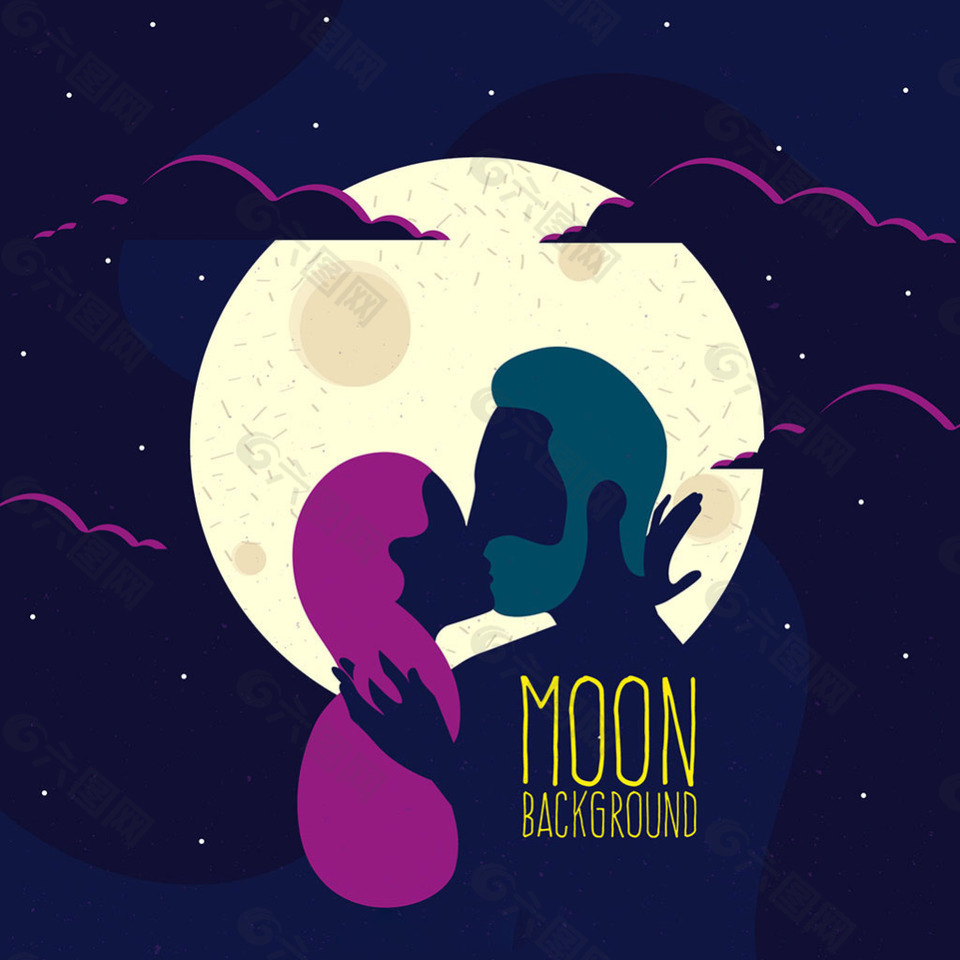 浪漫的月亮背景情侣接吻插图