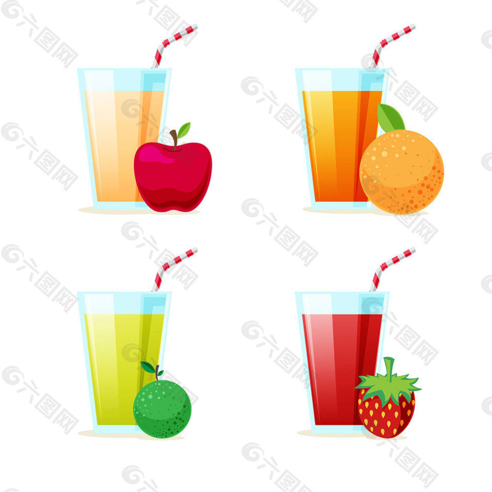 手绘各种玻璃杯装的果汁插图