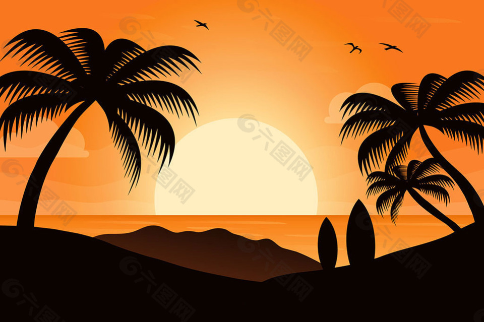 手绘椰树剪影日落背景