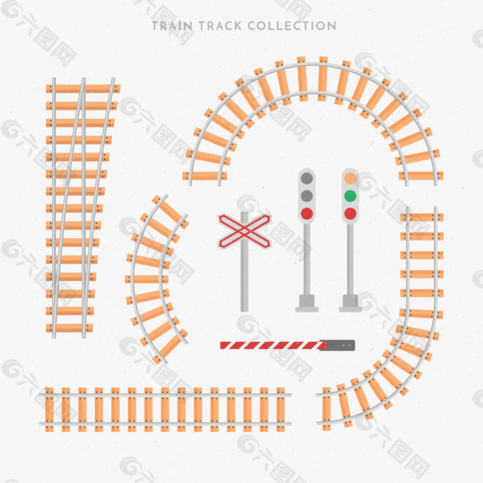 手绘枕木火车轨道和信号灯集合
