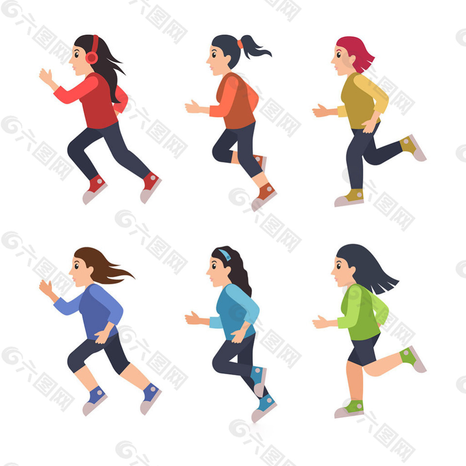彩色六个跑步的女人插图