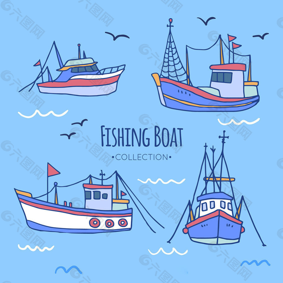 美丽的手绘渔船插图