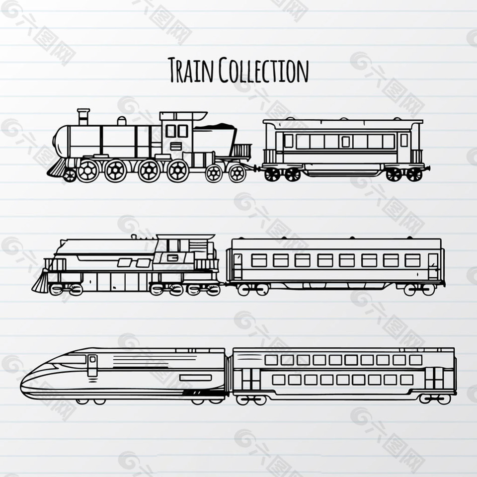 手绘素描风格各种火车插图