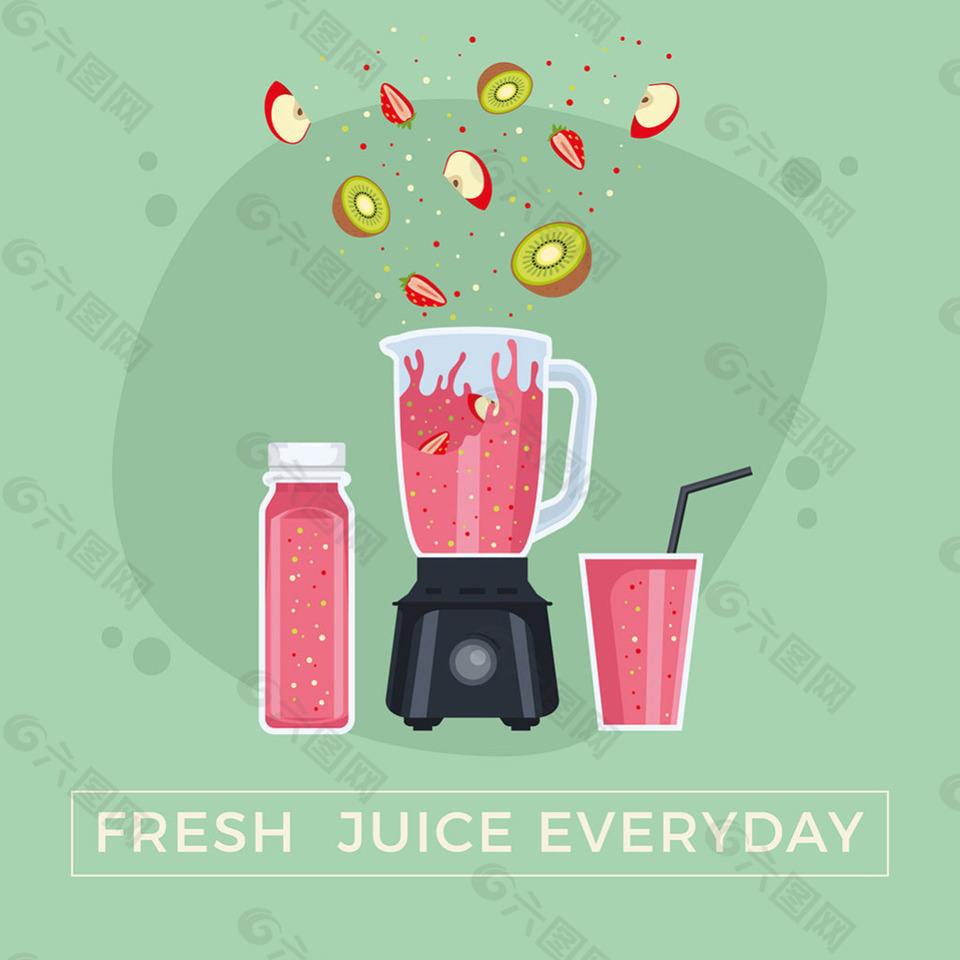 红色水果榨汁机和水果切片广告背景