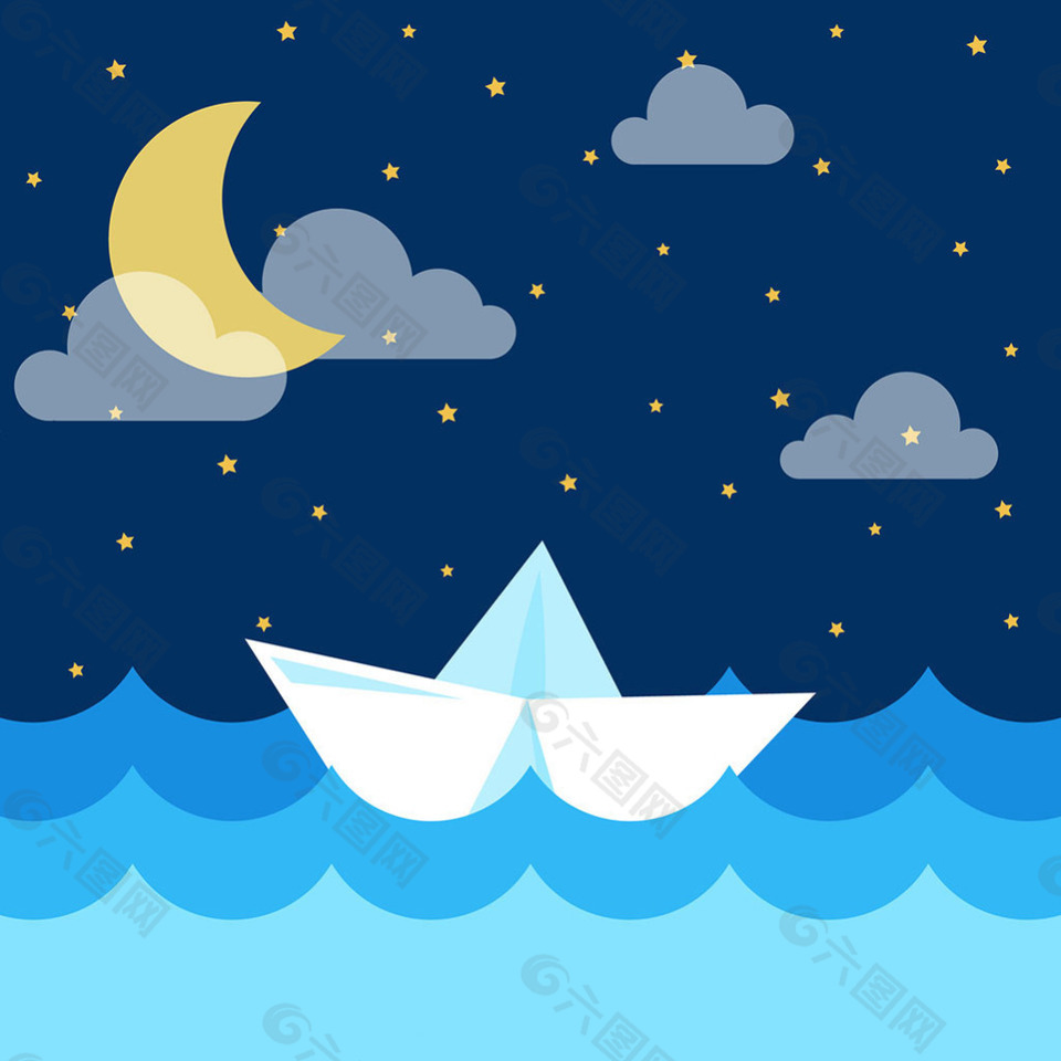 月亮纸船波纹星空夜景
