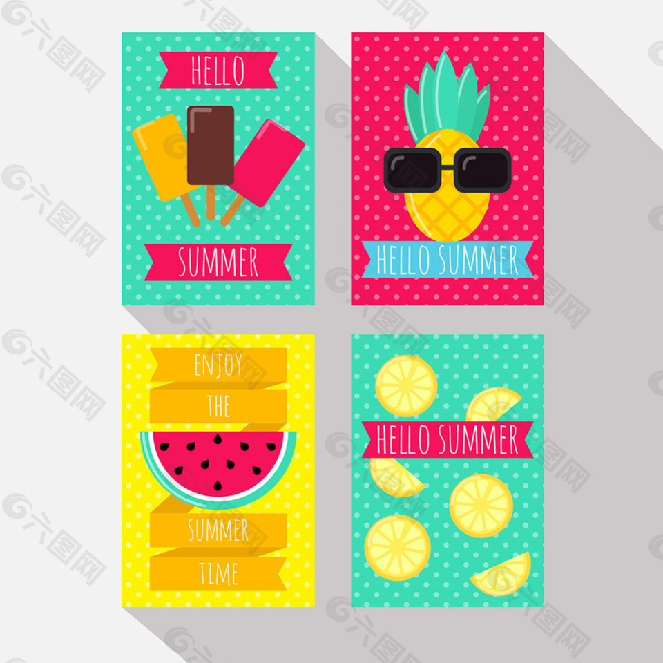 四个五颜六色的夏日元素卡片