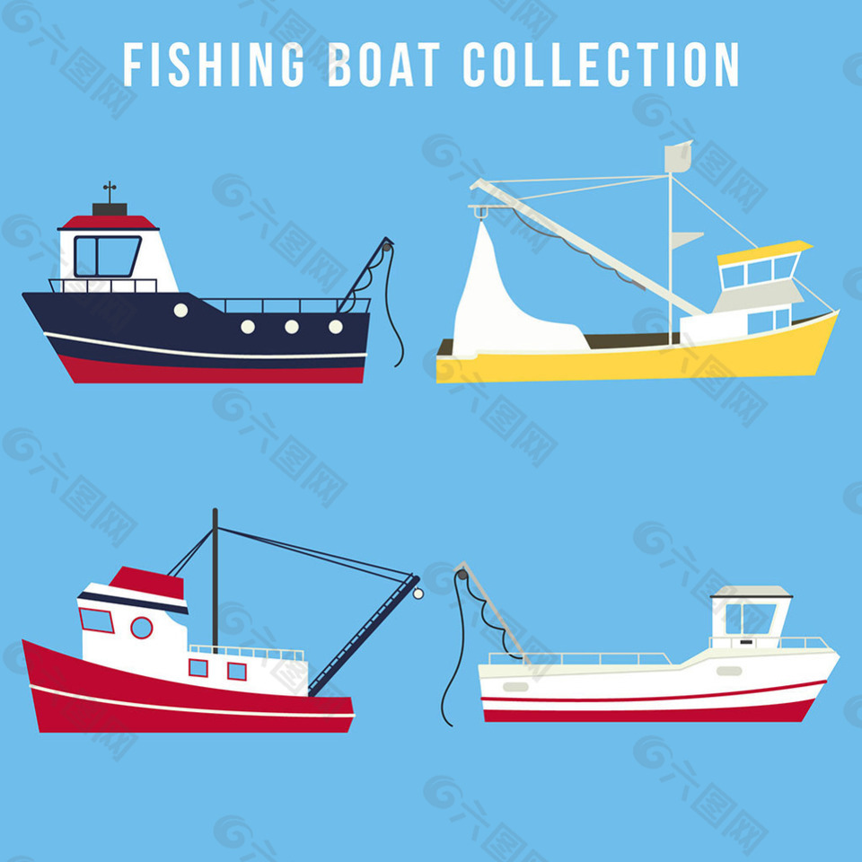 手绘四艘渔船平面设计插图