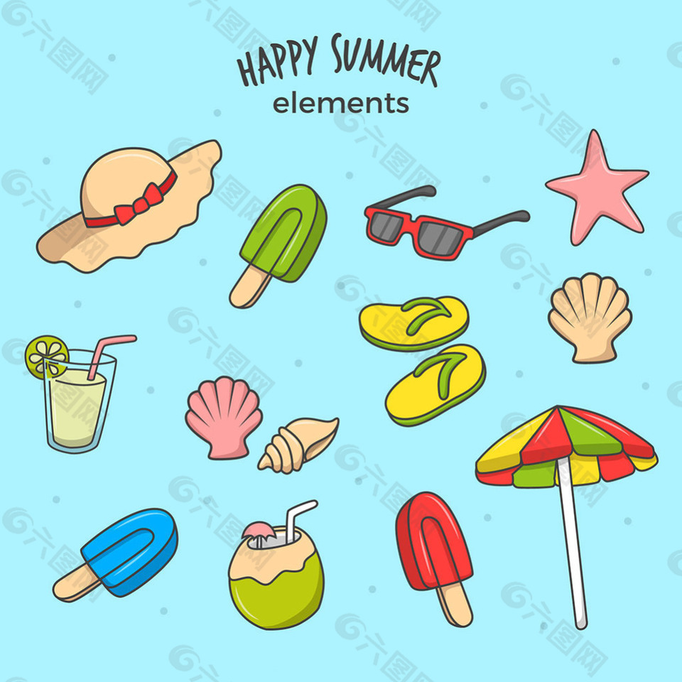 各种夏季元素手绘插图