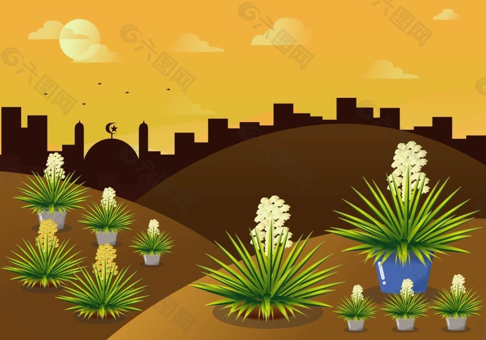 扁平沙漠植物插画