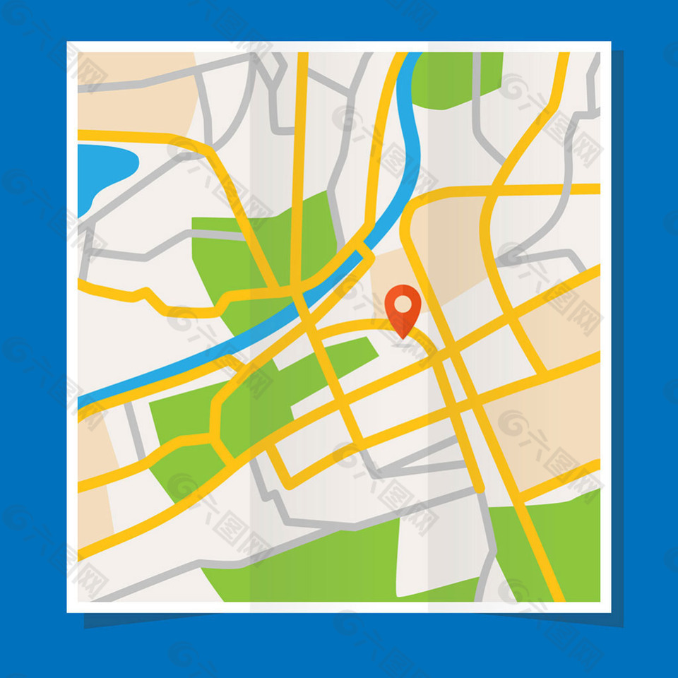 手绘扁平风格带红色导航图标街道地图