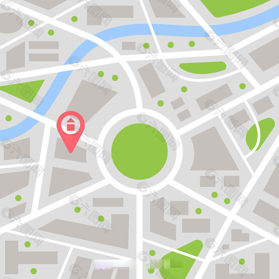 手绘扁平风格带红色导航图标街道地图