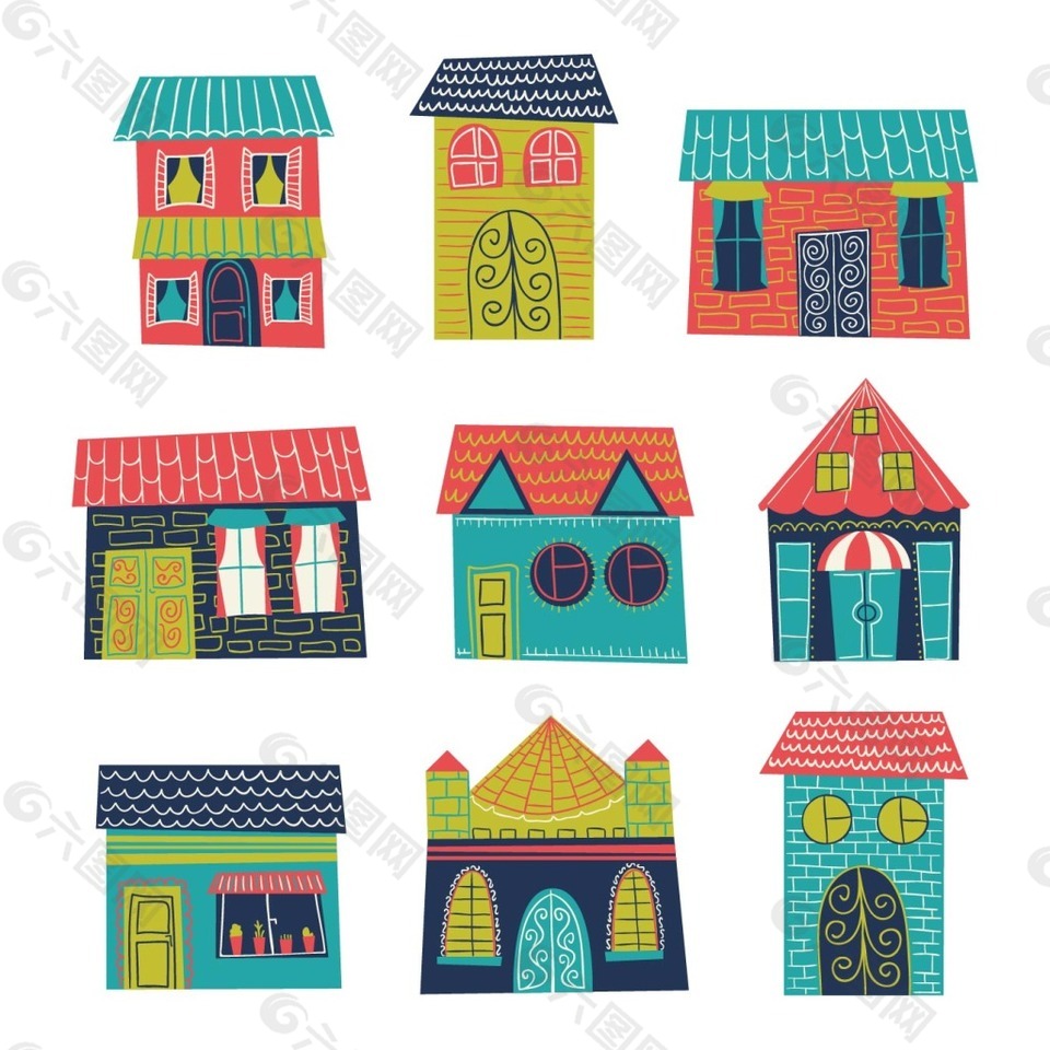 不同的彩色房子图案矢量素材下载