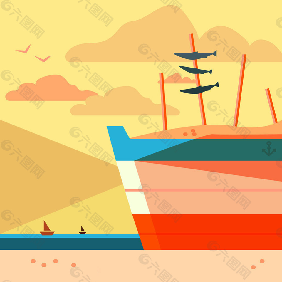 船和沙丁鱼扁平化设计背景