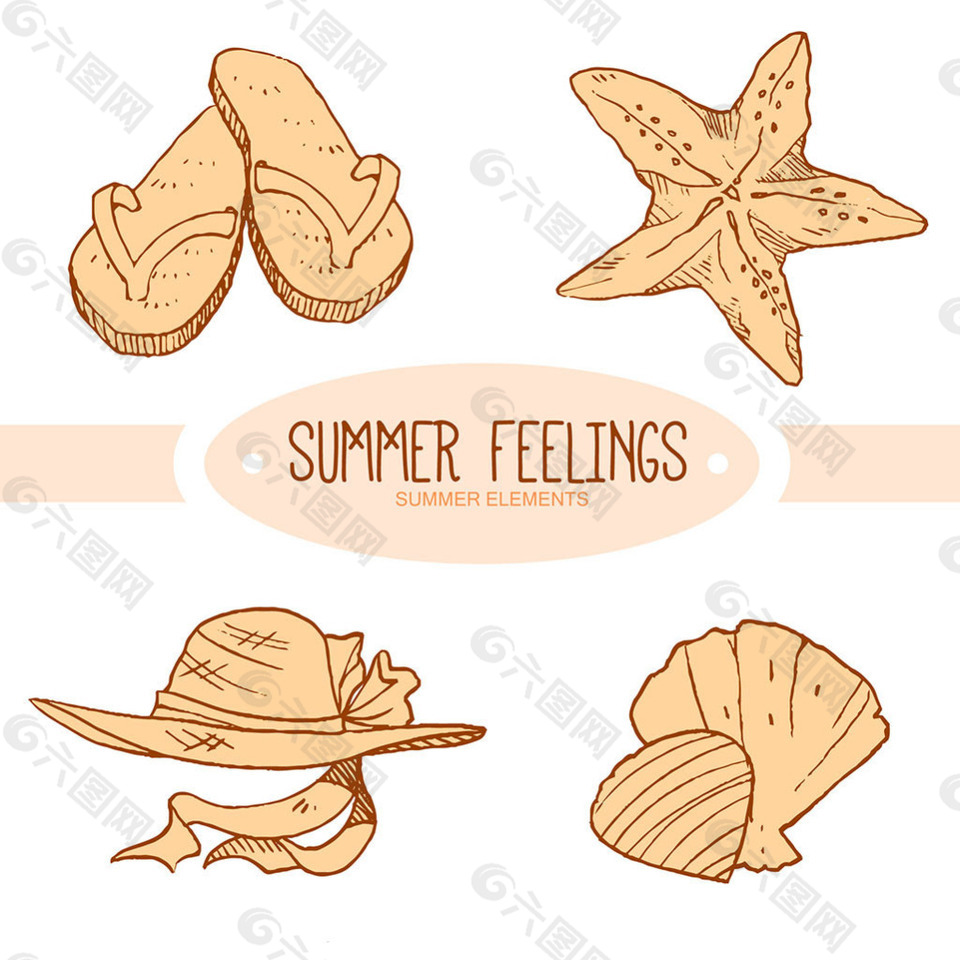 手绘夏季元素与海星贝壳
