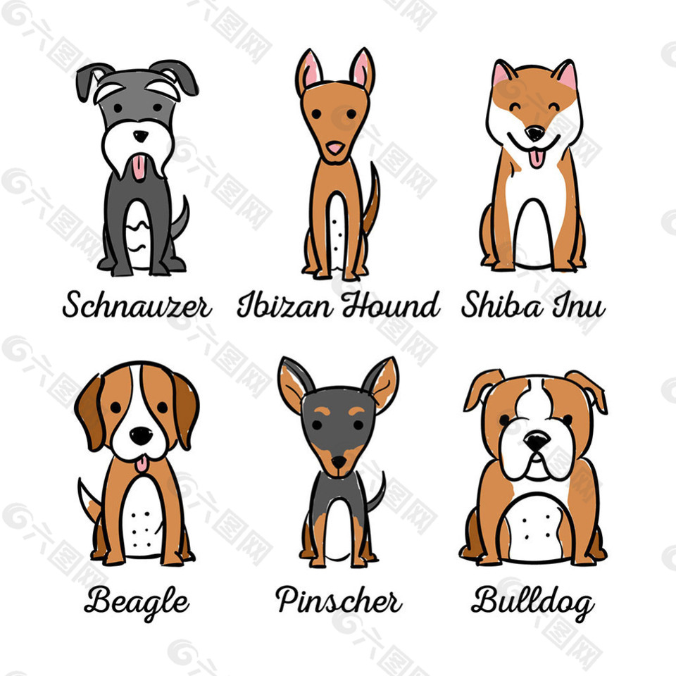 手绘六种不同品种的狗