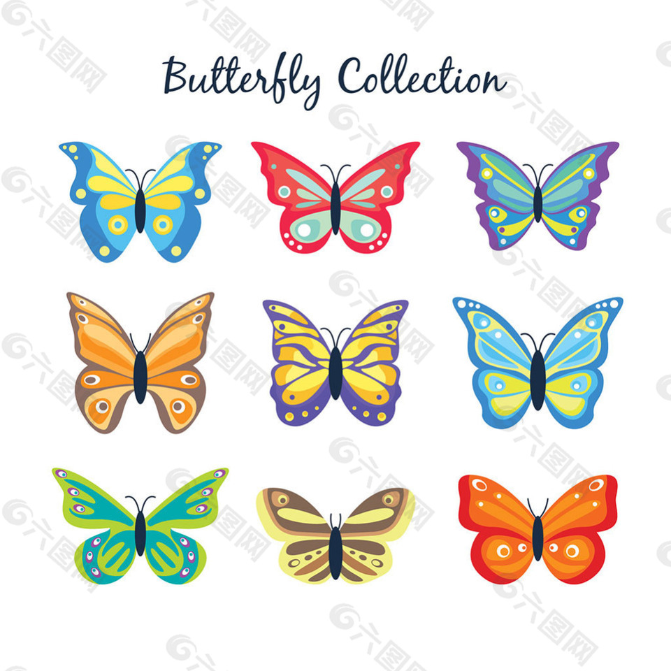 九个彩色蝴蝶平面设计素材
