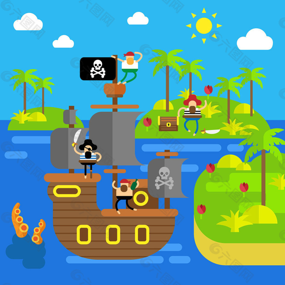 美丽岛屿和海盗扁平风格背景