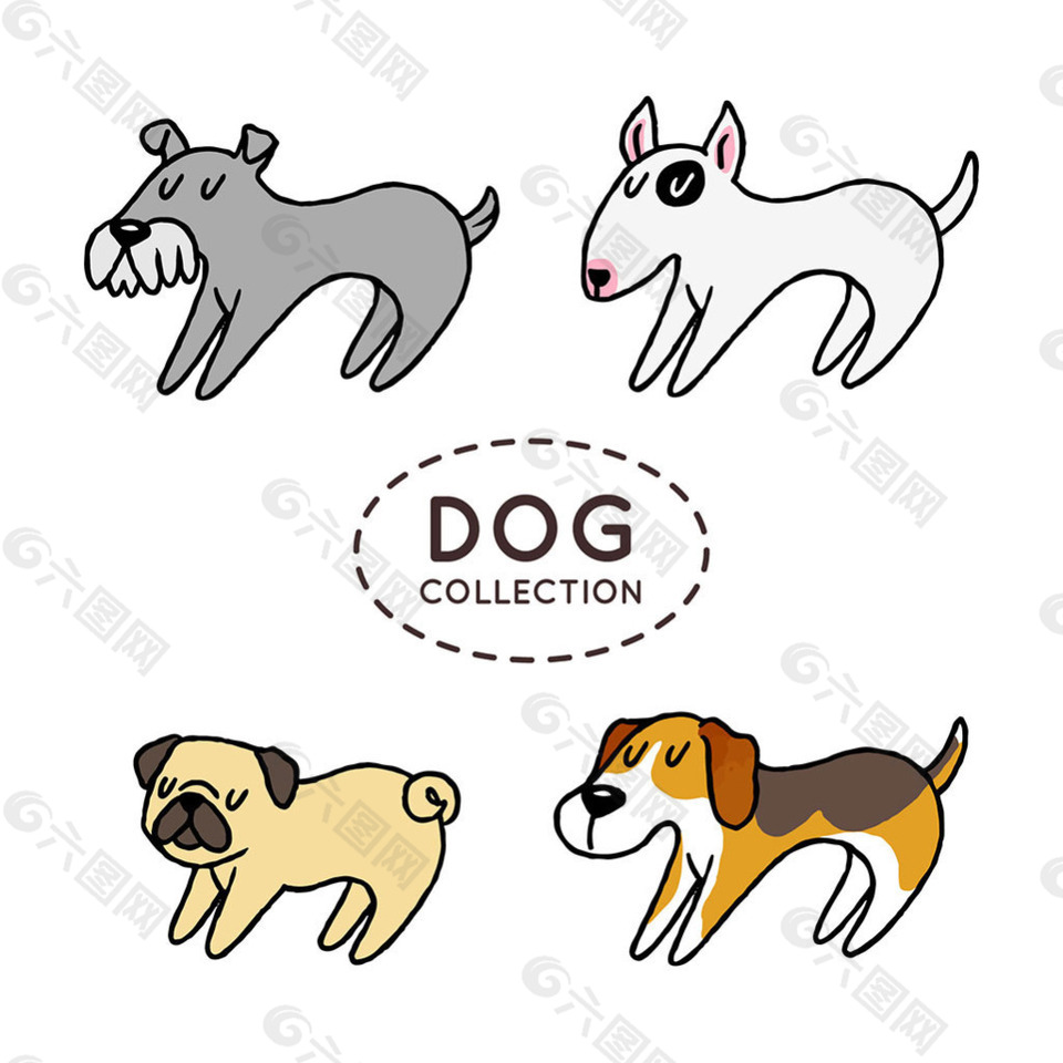 四个不同品种的狗手绘风格图标