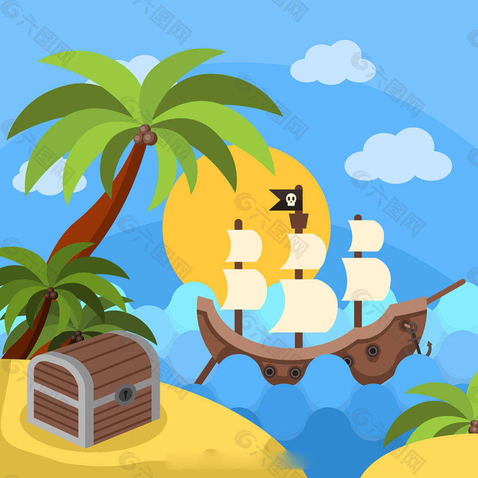 手绘海盗船小岛与宝藏背景