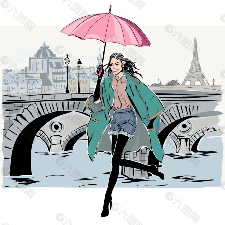 手绘女孩与巴黎风景插画矢量素材下载
