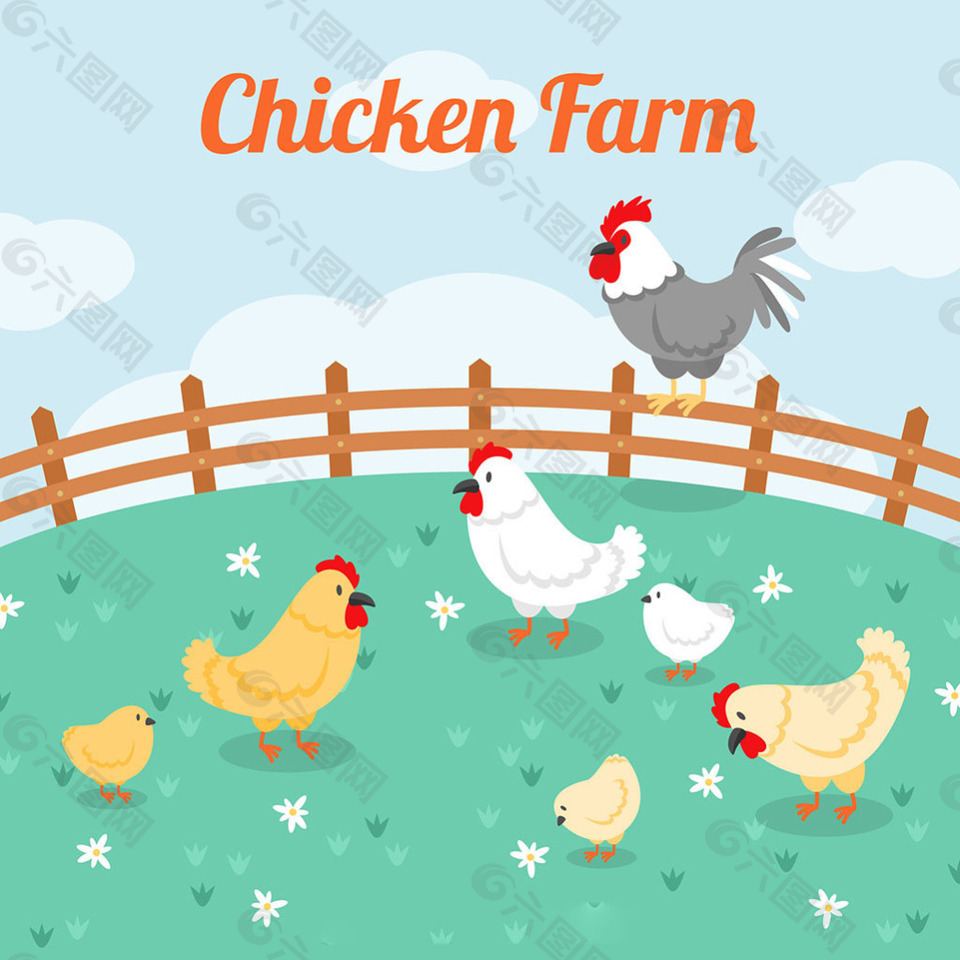 手绘农场背景与鸡
