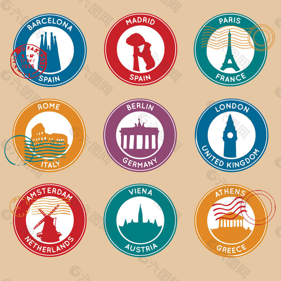 九个不同的城市图形圆形标签