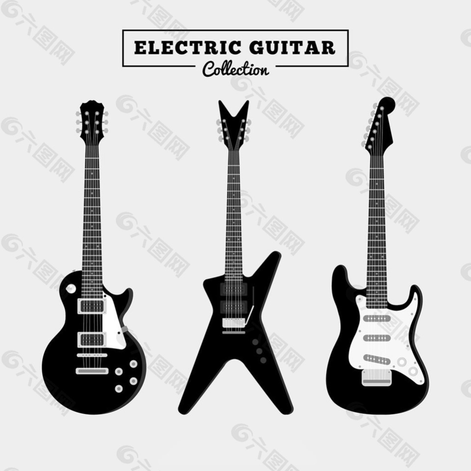 三个手绘黑色电吉他矢量素材