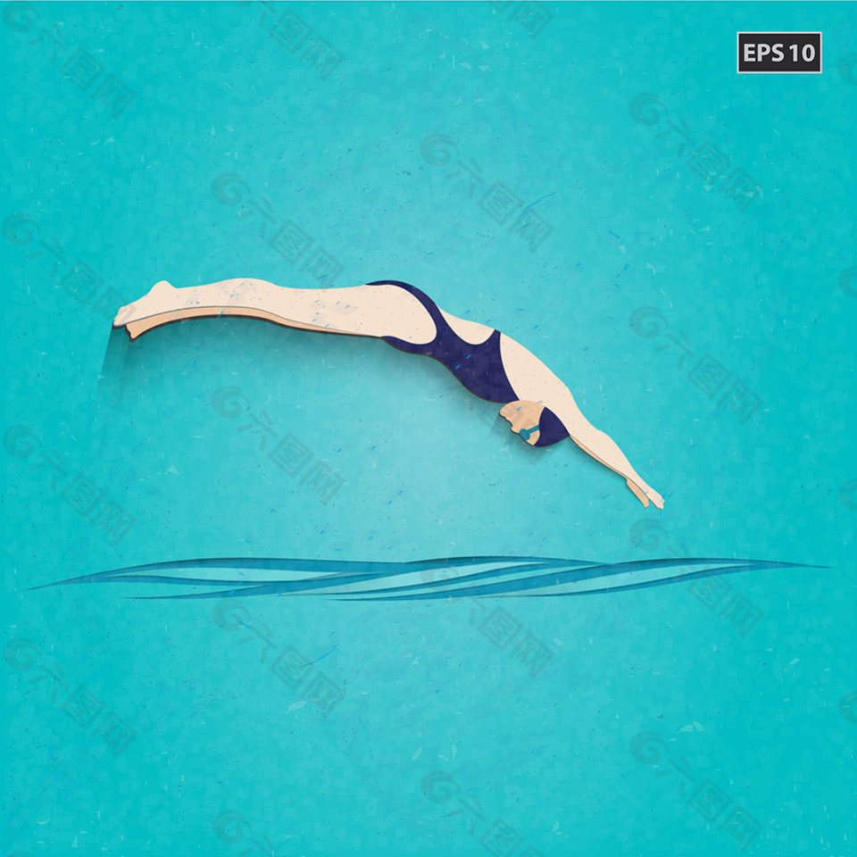 跳跃进游泳池的女孩蓝色背景