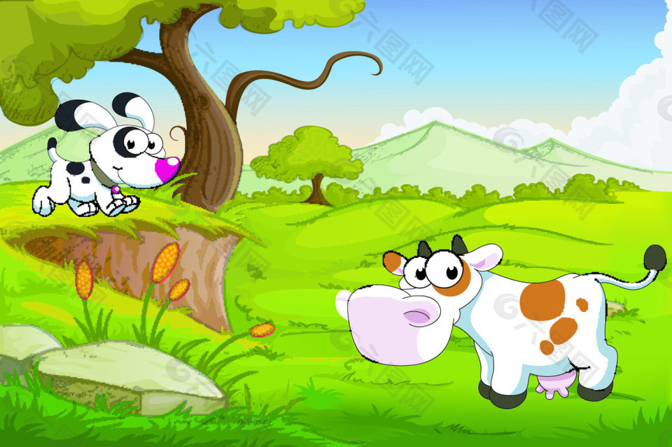 手绘卡通风景动物ai矢量图