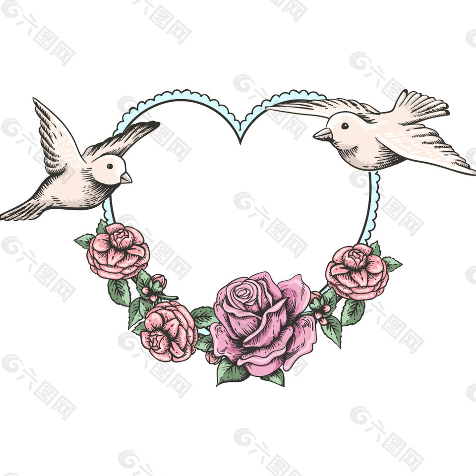 卡通小鸟粉色花朵元素