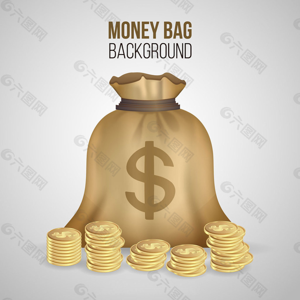 手绘钱袋与金币背景