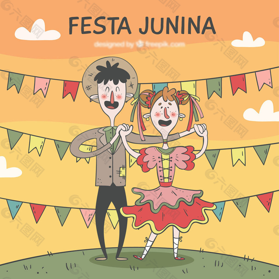 手绘男女情侣插图彩旗背景