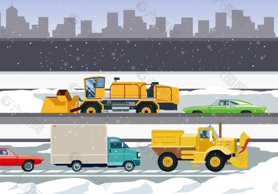 除雪机清洁城市道路插画