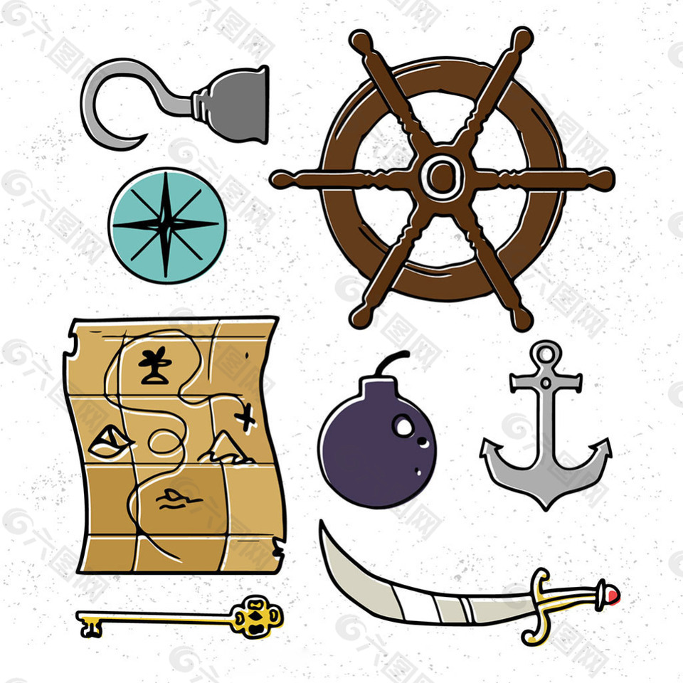手绘各种海盗物品元素图标
