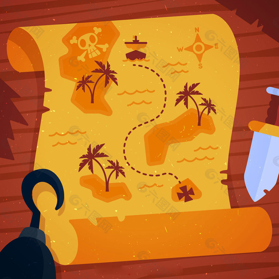 木纹背景与海盗宝藏地图