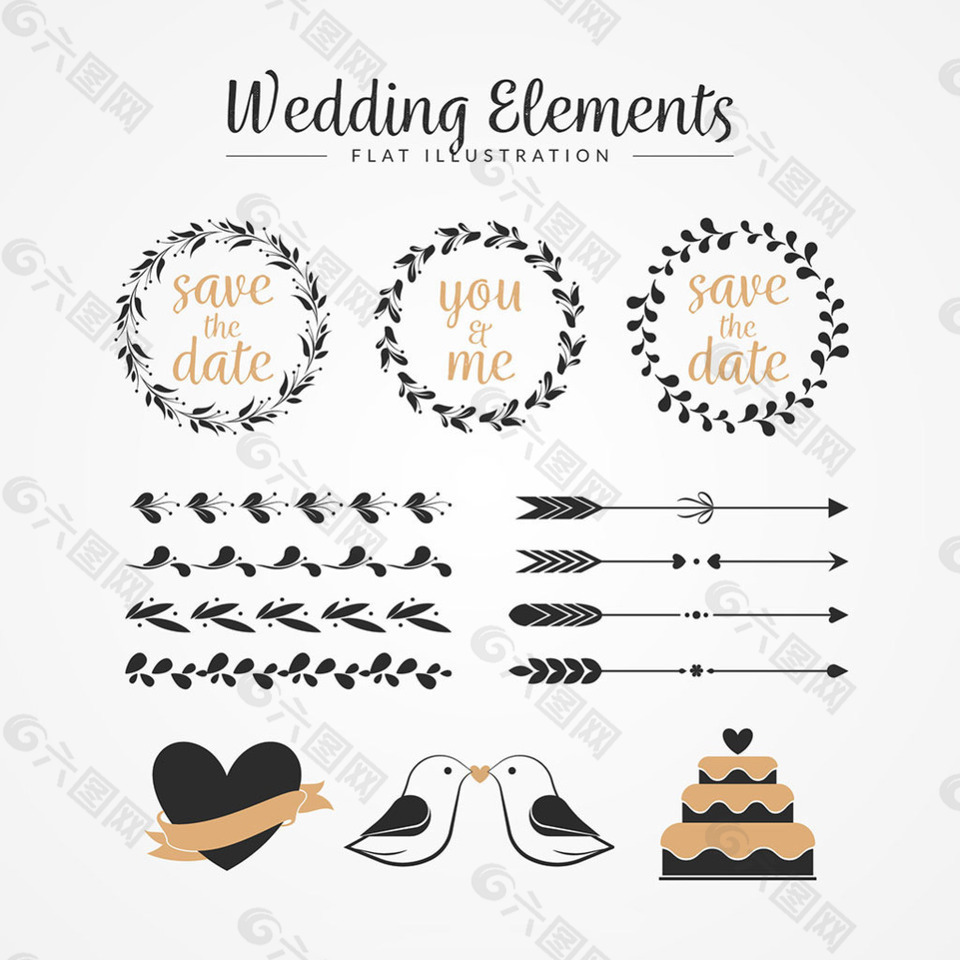 复古风格婚礼花环和其他装饰图形