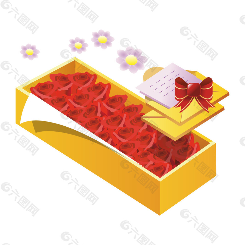 金色盒子红色玫瑰花元素