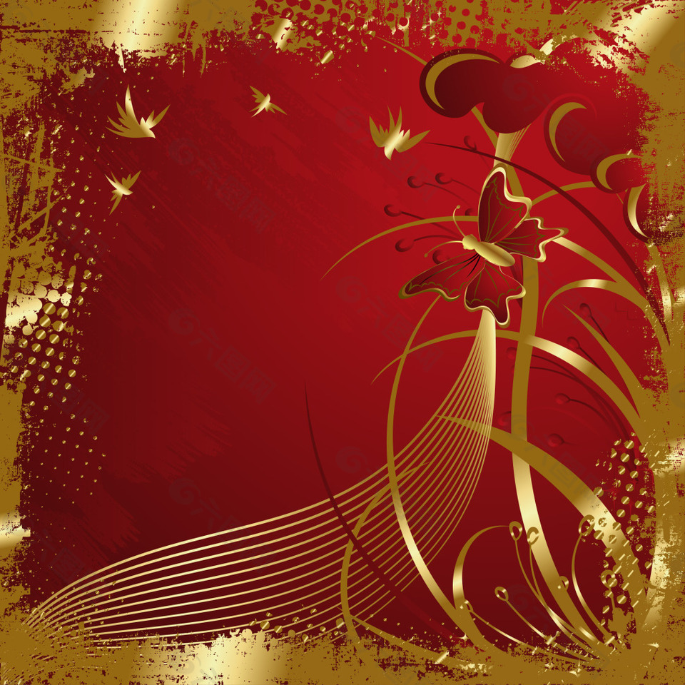 金色花纹边框红底背景