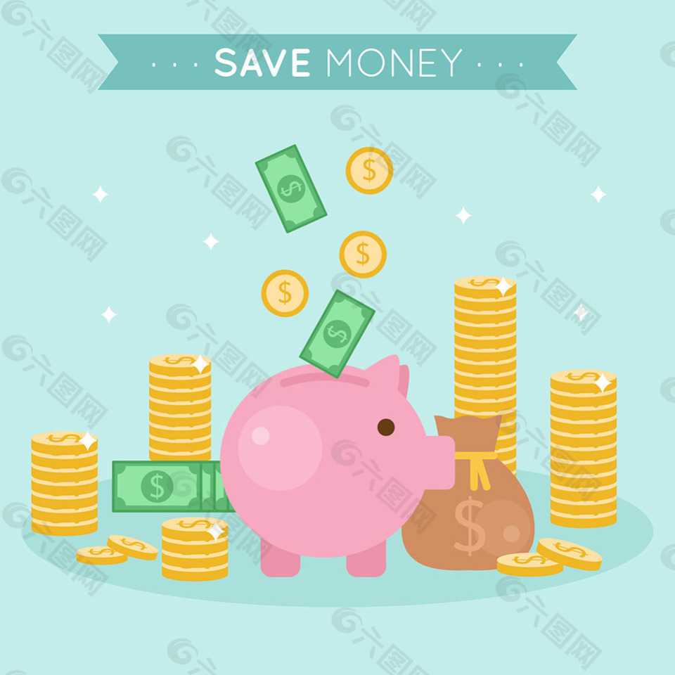 金币钞票和小猪存钱罐背景