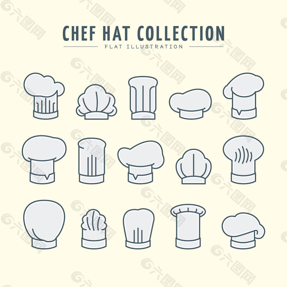 手绘各种厨师帽平面设计图标
