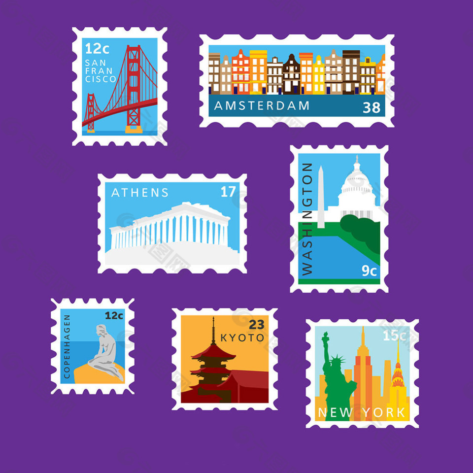 各种城市建筑邮票图标