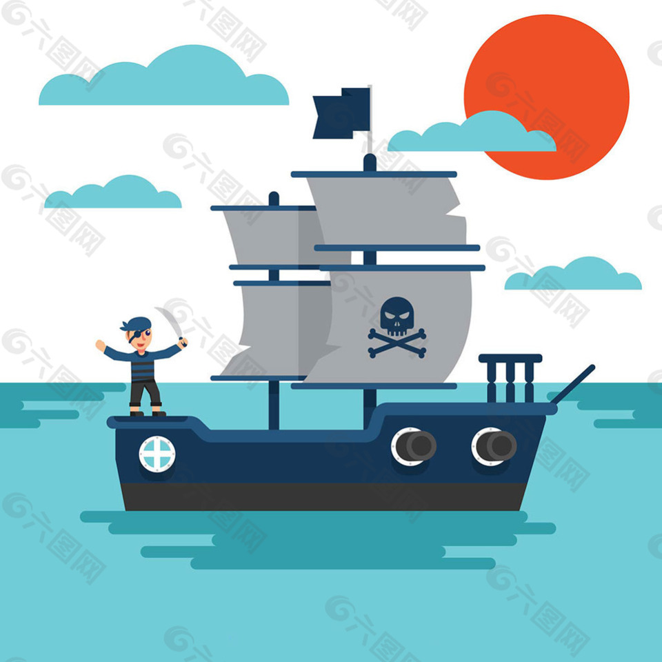 手绘扁平风格海盗船背景