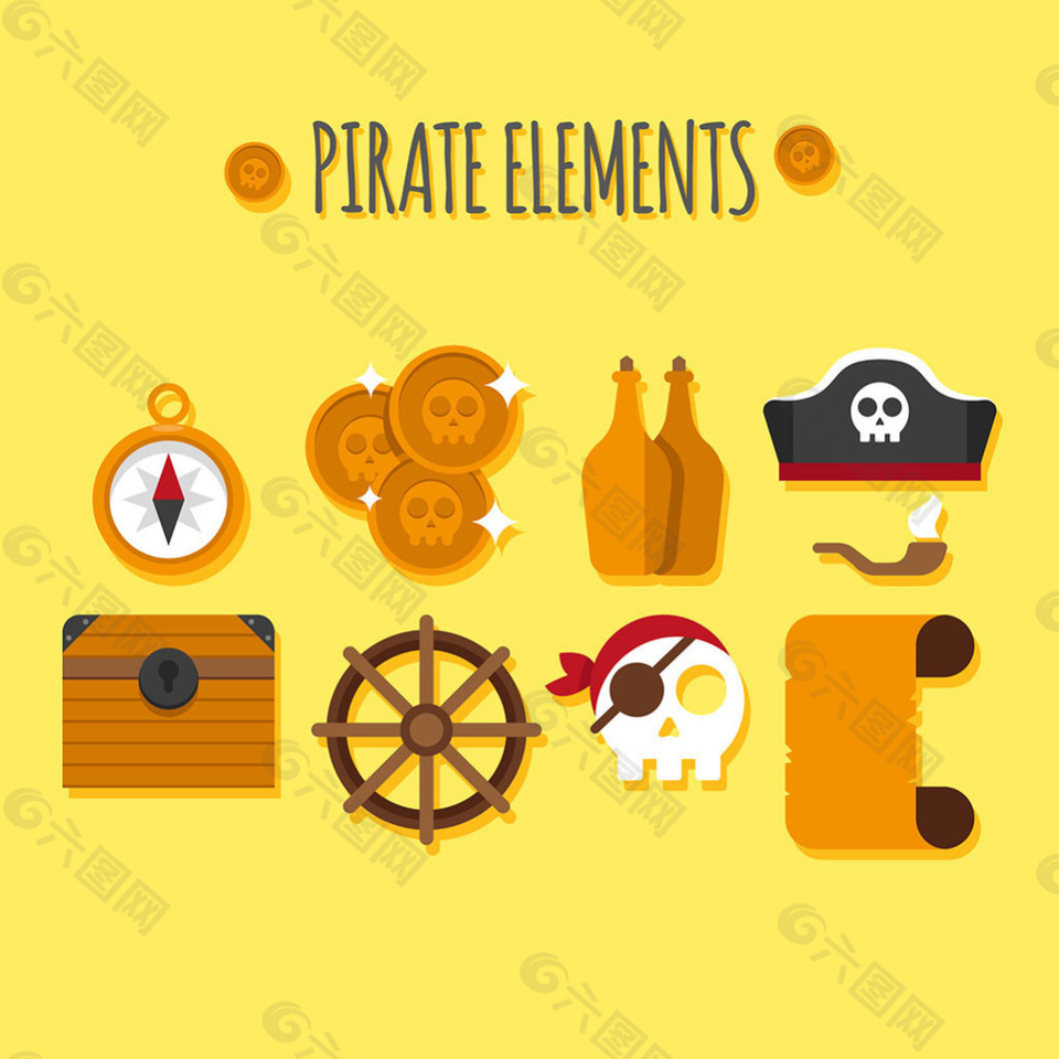 手绘各种扁平风格海盗物品元素图标