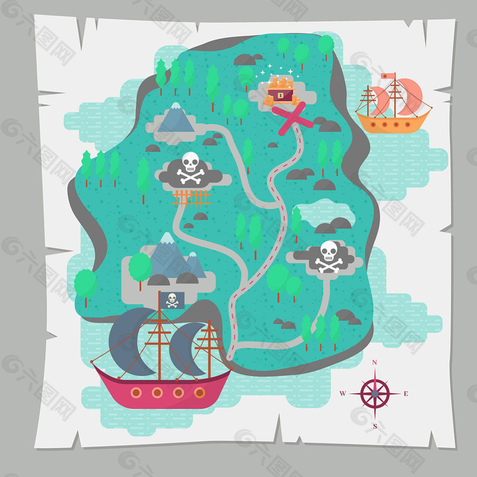 宝藏地图背景与海盗船