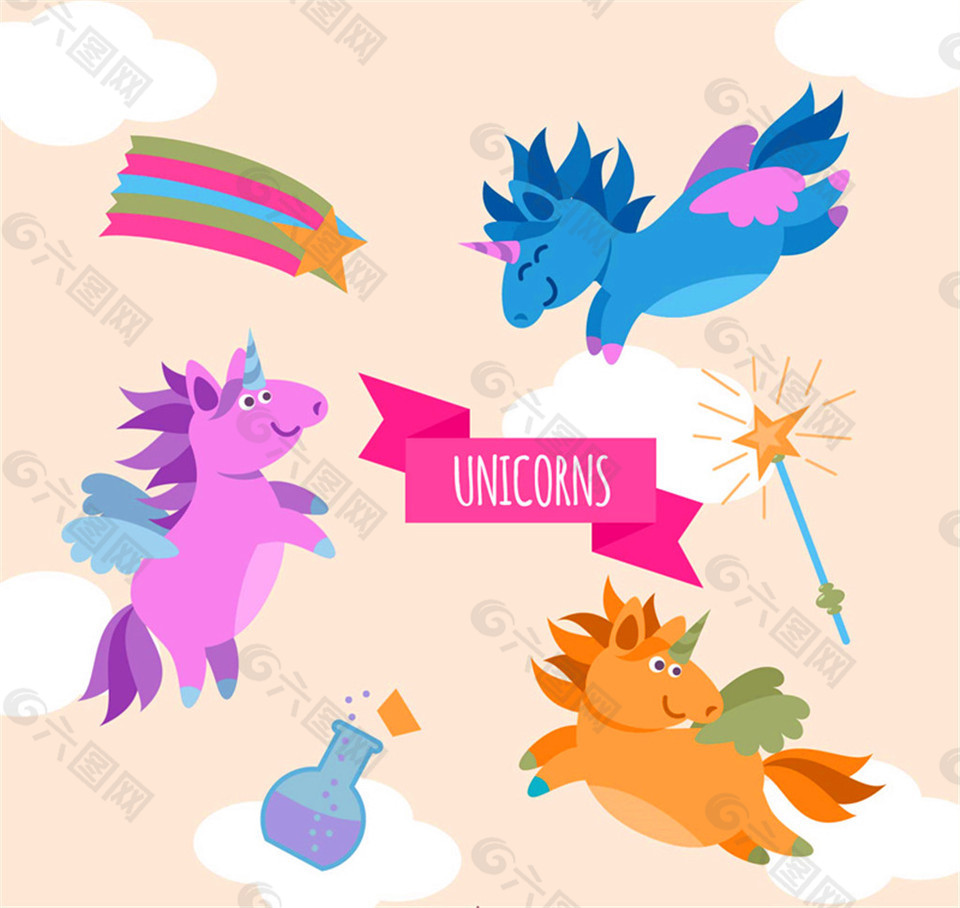 3只彩色独角兽和魔法棒设计矢量素材