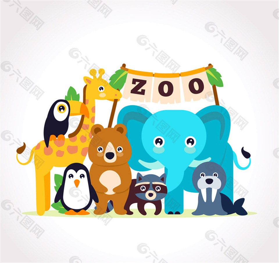 7只可爱动物园动物合影矢量素材